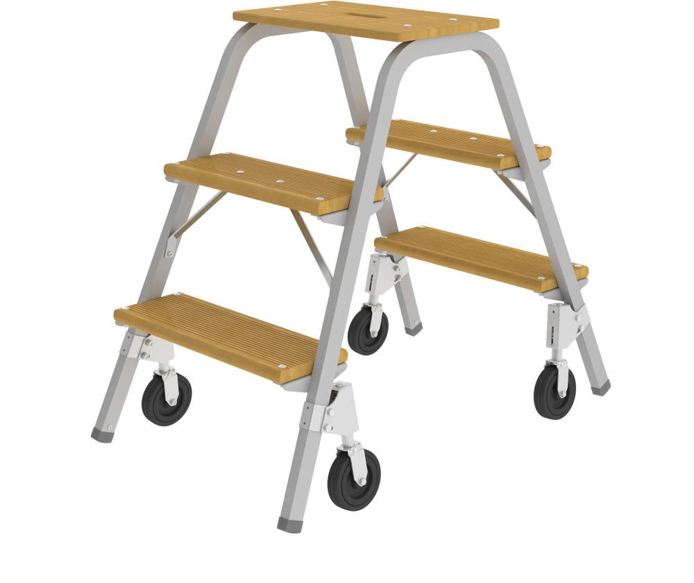 Stahlrohr-Tritt fahrbar 3 Holzstufen 4 Bockrollen