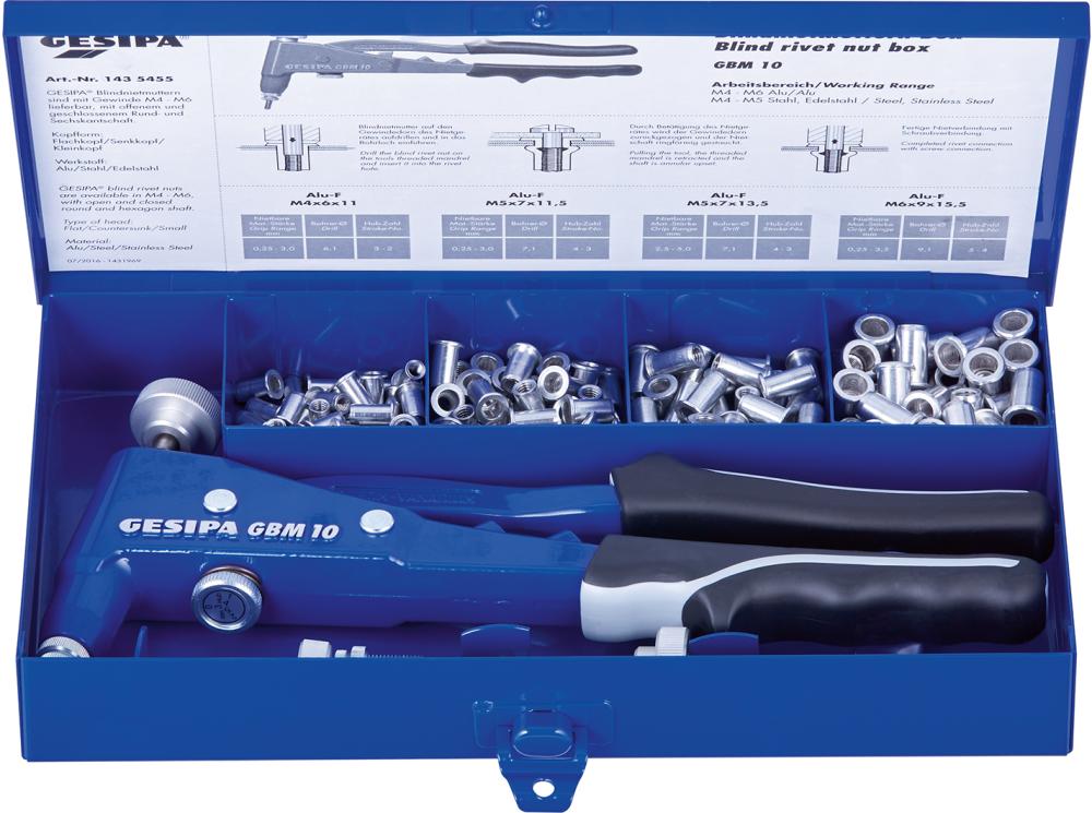 Gesipa Blindnietmuttern-Box mit BlindnietmutternsetzgerätGBM 10 M4-M6 195-teilig